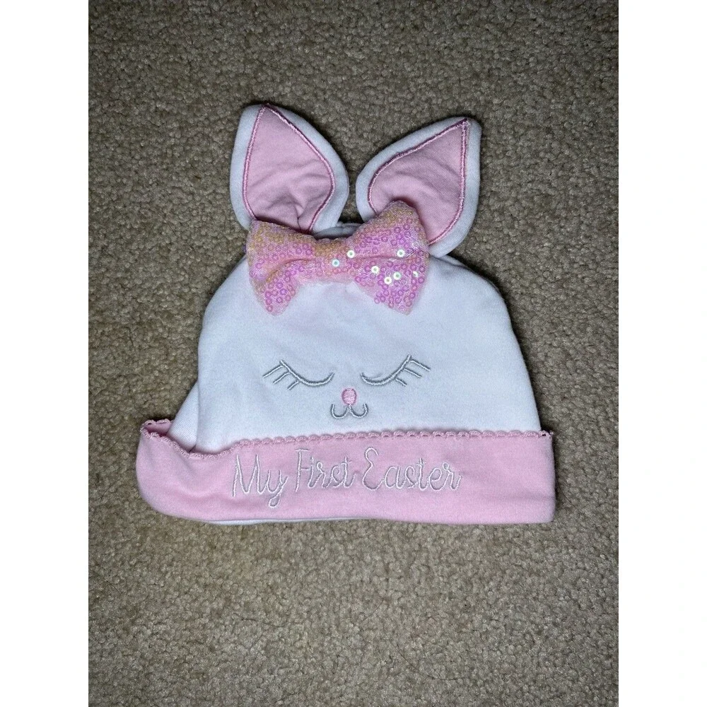 Little Me My First Easter Bunny Hat Beanie Pink Sequin Bow Size 0-12M